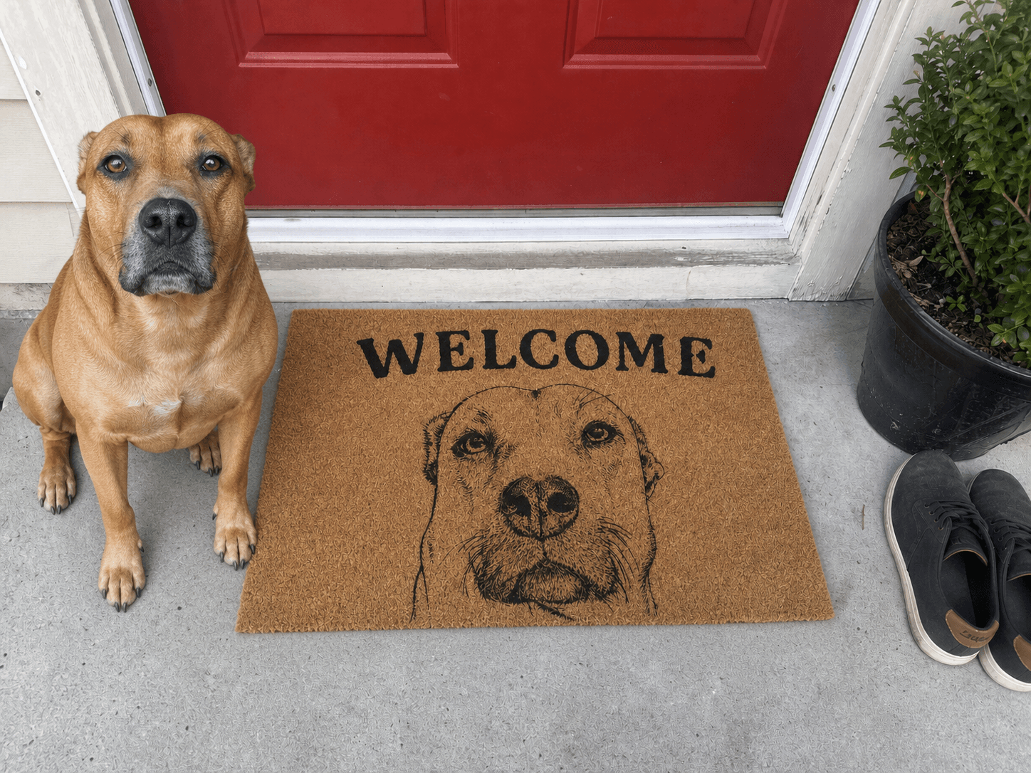A tan dog sitting beside a custom Welcome doormat with its portrait