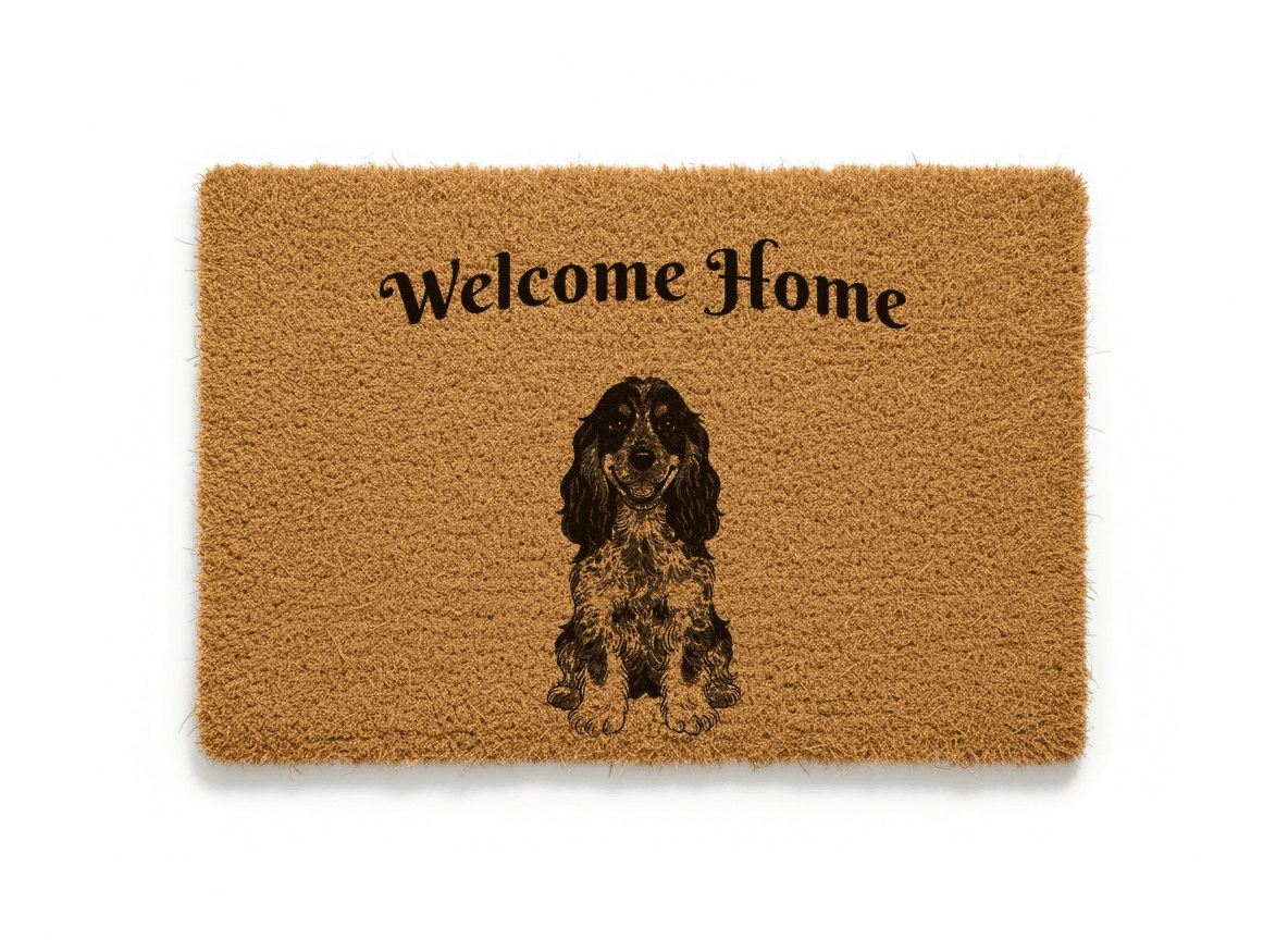 A dog sitting behind its black ink portrait on a natural coir outdoor mat