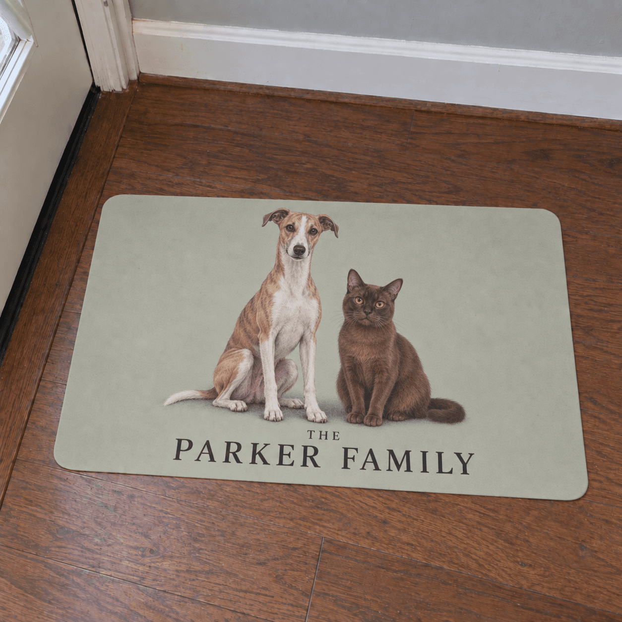 A Whippet and Burmese cat printed on a sage green Parker Family mat