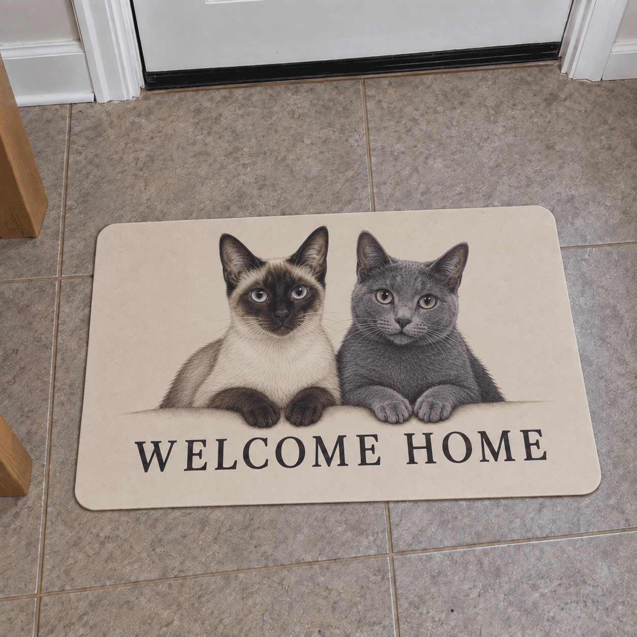 Siamese and Russian Blue portraits printed side by side on a cream Welcome Home mat