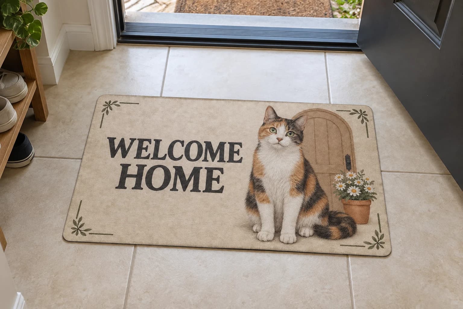 A calico cat on a Cottage Door Welcome Home colorful mat on a tiled entryway