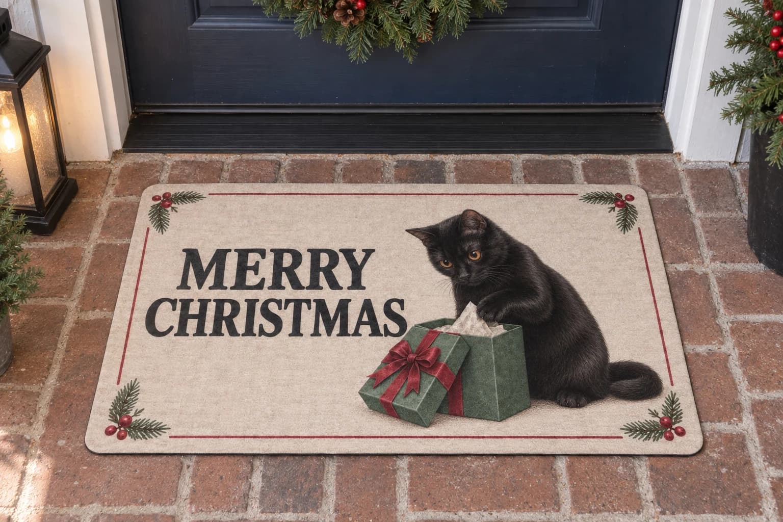 Quality Control mat with a black cat at a covered front door