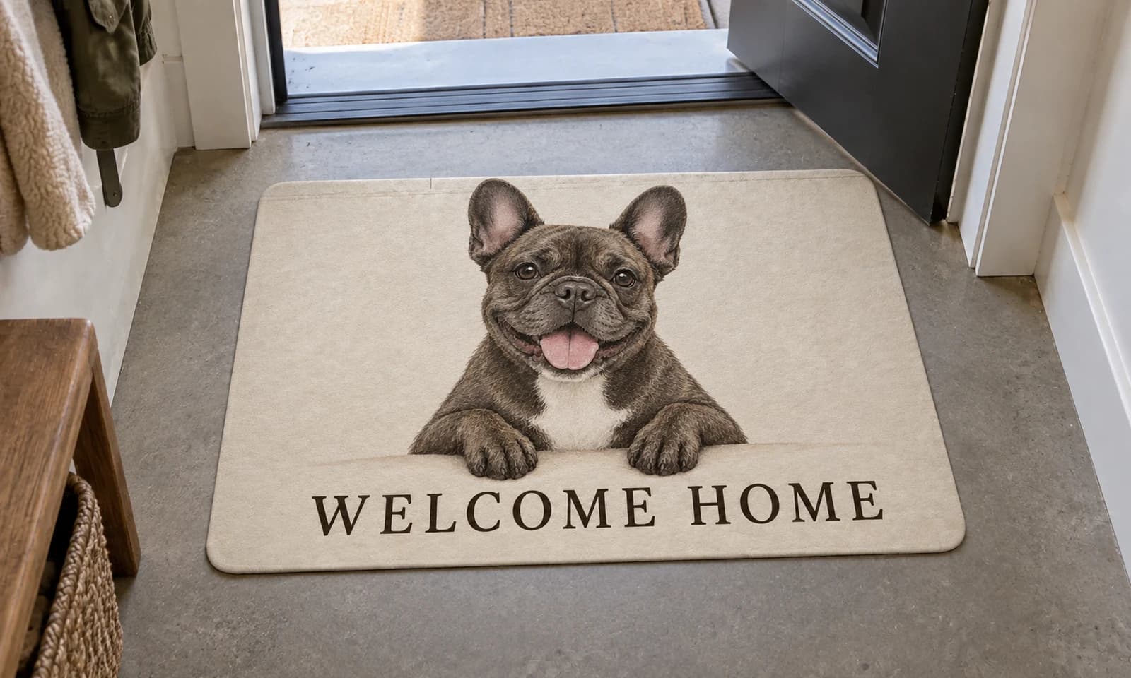 A French bulldog on a cream Welcome Home colorful mat just inside the front door