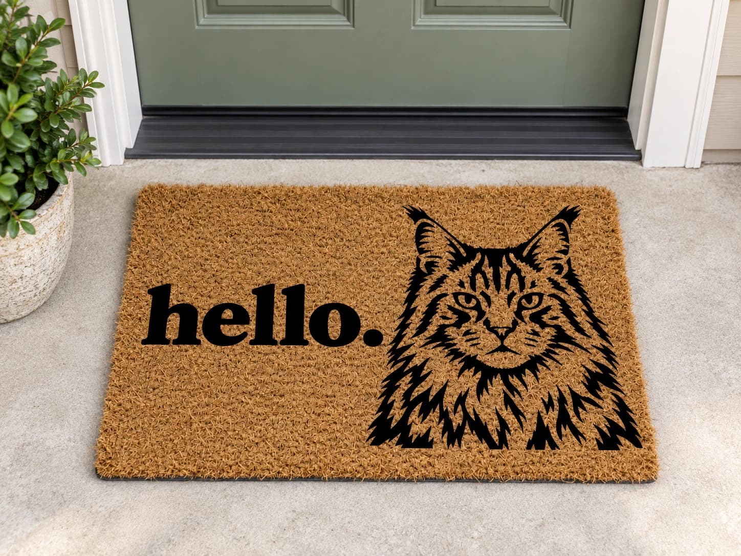 A Maine Coon cat on a hello. coir doormat at a sage green front door