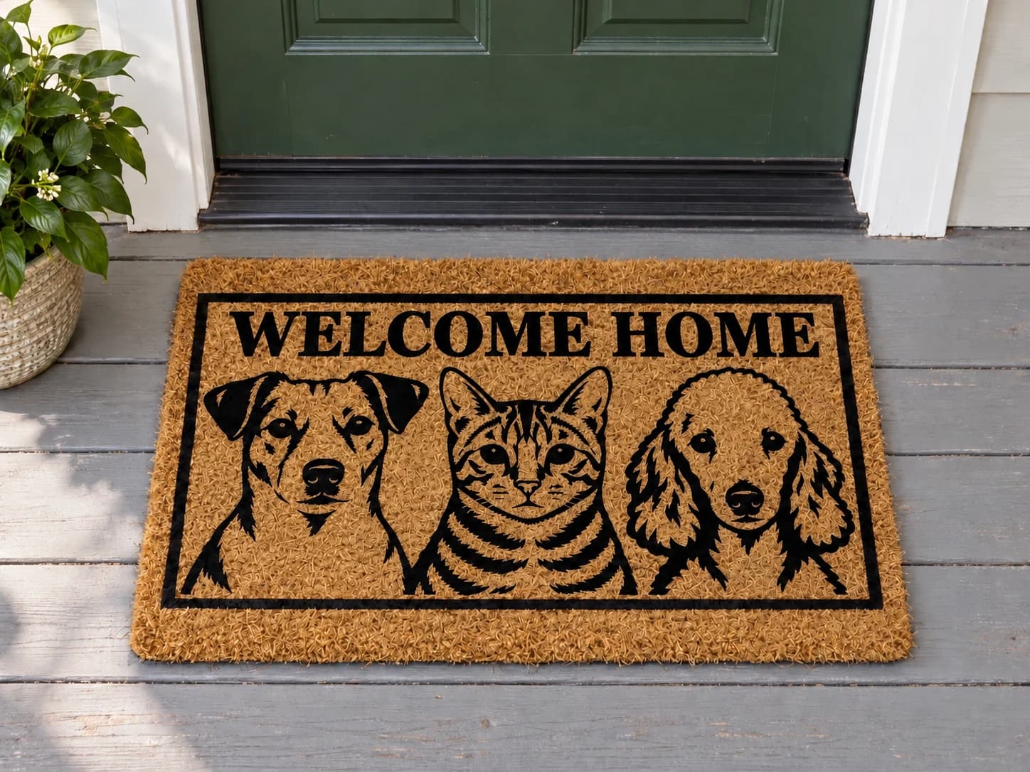 Welcome Home personalized coir doormat at a front door