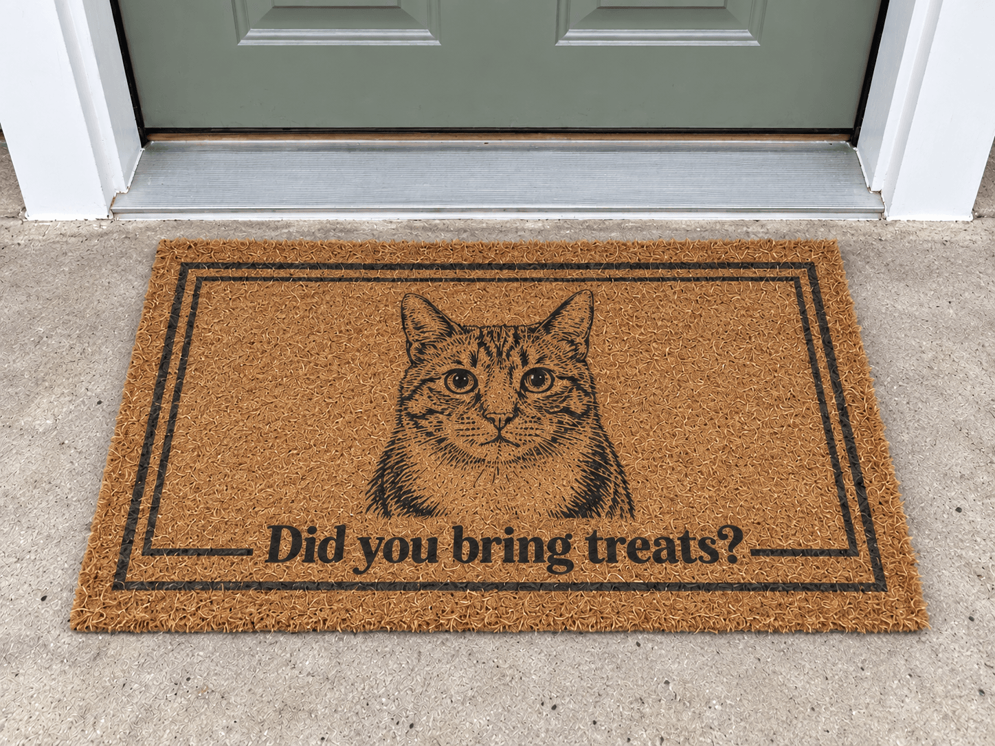 Coir mat with a printed cat portrait and the greeting Did you bring treats