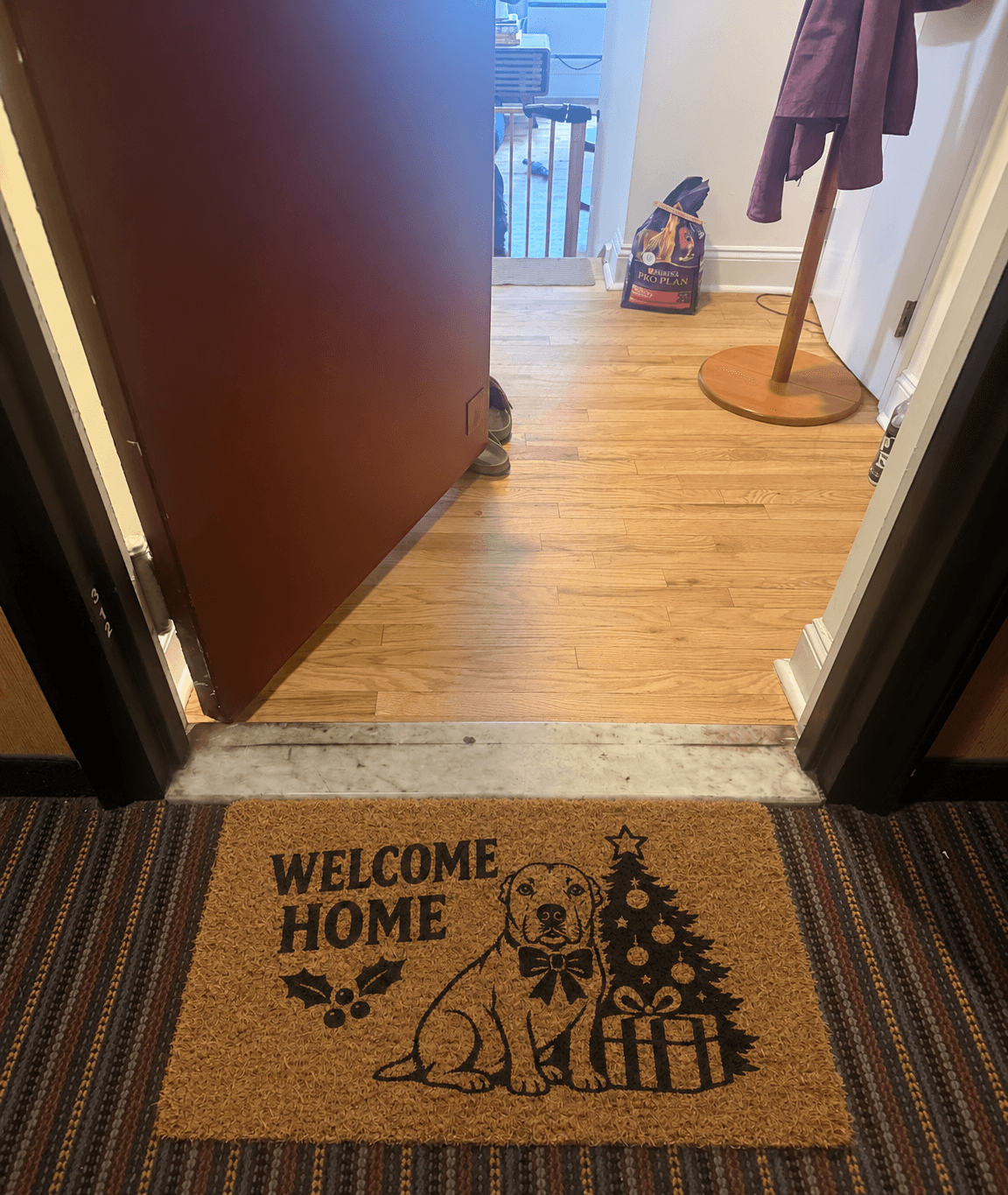 Welcome Home coir mat at an open doorway with a dog wearing a bow tie, Christmas tree and gift