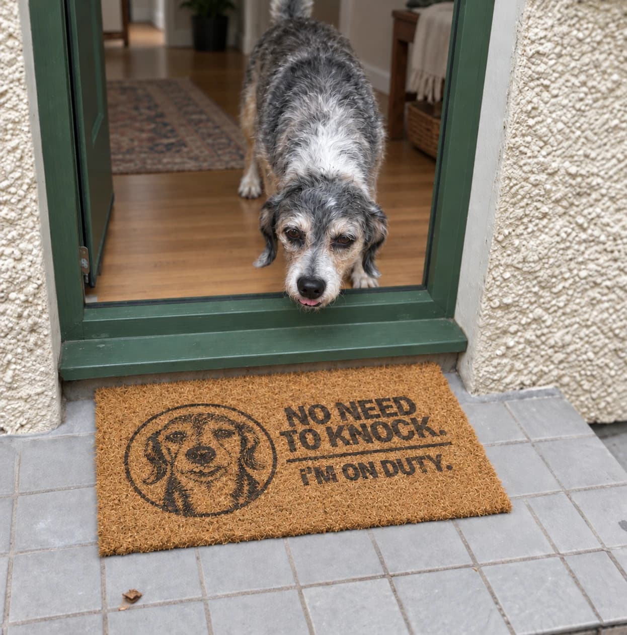 Shaggy dog beside an On duty coir mat at a green doorway